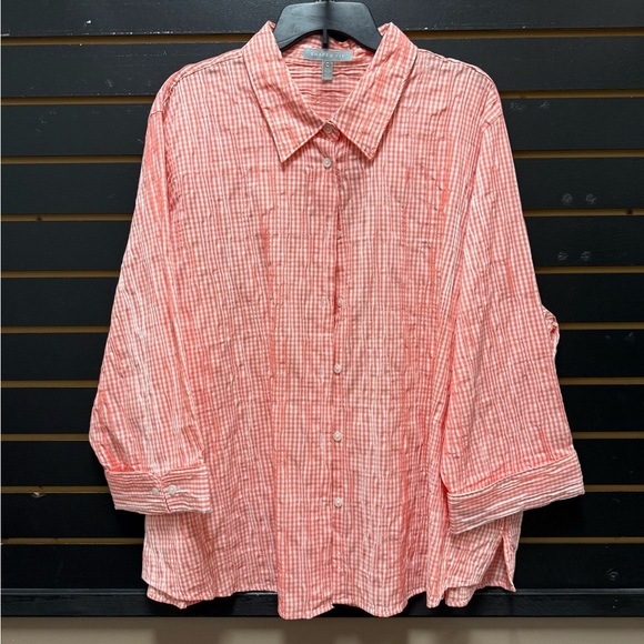Foxcroft Tops - Foxcroft 24W Coral White Gingham Crinkle Button-Up Shirt
